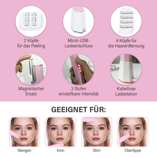 2 in 1 Dermaplaning- und Mikrodermabrasionsgerät mit 2 Peelingköpfen und 4 Haarentfernungsköpfen image number 4