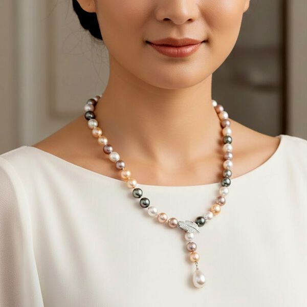 Mehrfarbige 10mm Muschelkernperle und wei&szlig;e Zirkonia 60cm Halskette image number 3