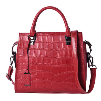 Echtes Leder mit Kroko-Pr&auml;gung Handtasche mit Schulterriemen und Rei&szlig;verschluss, Rot