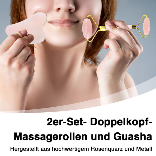 Set aus 2 Doppelkopf-Massageroller und GuaSha Rosenquarz Stein image number 2