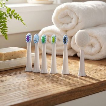 Set of 6pcs replacement head - white 5PCS Nylon Brush+1PC Silicone Brush   Size: Nylon Brush:8*2cm; Silicone Brush:9.5*2cm                                   Weight: 40g Material: ABS 