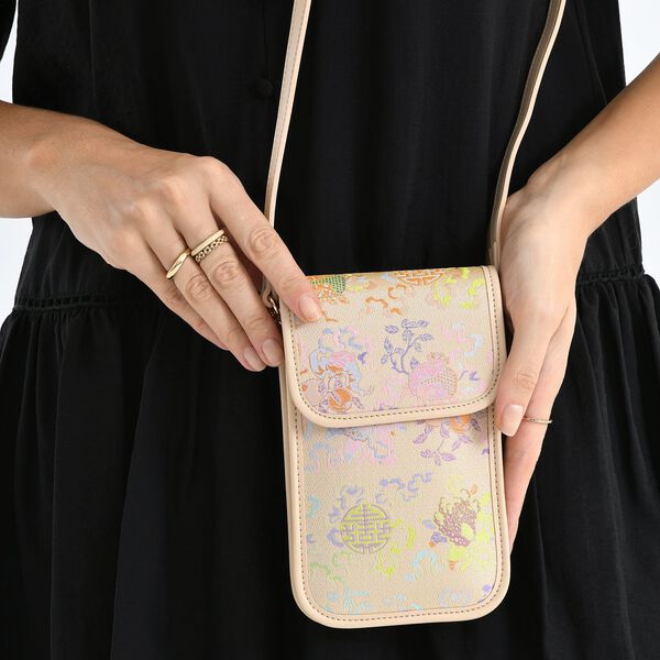 LA MAREY Brokat Handy Umh&auml;ngetasche aus Seide und Echtleder, 12x19x3cm, Rosa image number 3