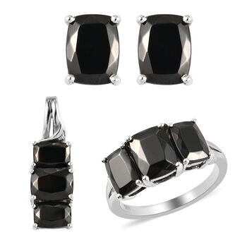 3er-Set Elite Shungit 3 Stein Ring, Ohrstecker und Anh&auml;nger 925 Silber platiniert ca. 5,71 ct