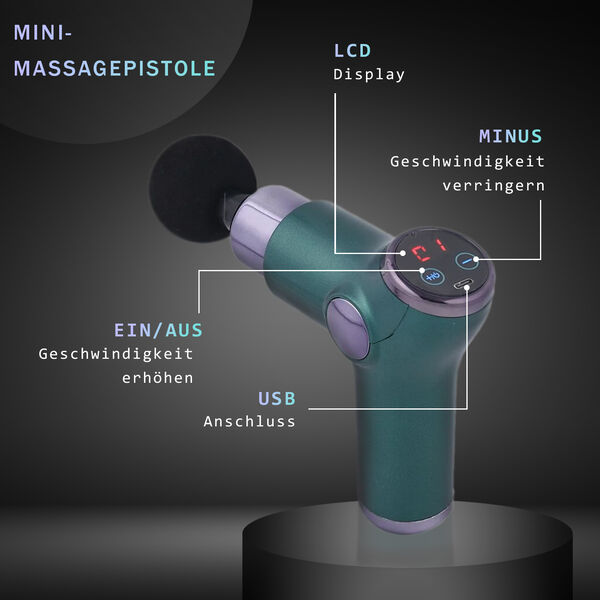 Mini-Muskel-Massage-Pistole mit 4 Massagek&ouml;pfen, 32 St&auml;rken, Gr&uuml;n image number 3
