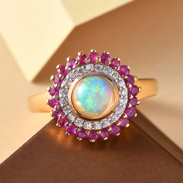 Nat&uuml;rlicher &Auml;thiopischer Opal und Afrikanischer Rubin (Fissure gef&uuml;llt) Ring 925 Silber vergoldet image number 2