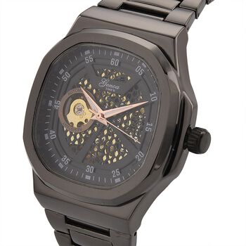 GENOA - Automatikuhr mit Skelett-Design, Edelstahlarmband, 3ATM wasserdicht, Schwarzes Zifferblatt, PNP-Schwarzplattierung, ca. 22 cm