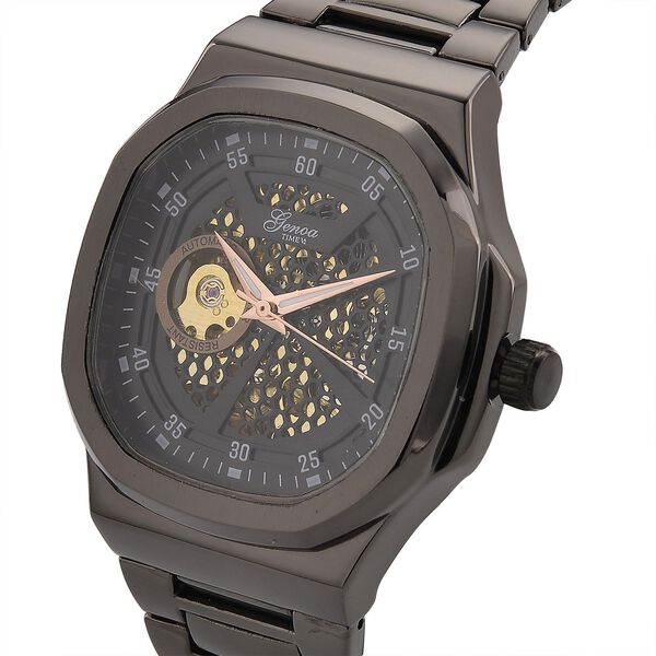 GENOA - Automatikuhr mit Skelett-Design, Edelstahlarmband, 3ATM wasserdicht, Schwarzes Zifferblatt, PNP-Schwarzplattierung, ca. 22 cm image number 3