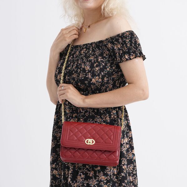 100% Echtleder Crossbody Tasche mit Metallkettenriemen in Stepp-Optik, 23,5x15x8cm, Burgundrot image number 3