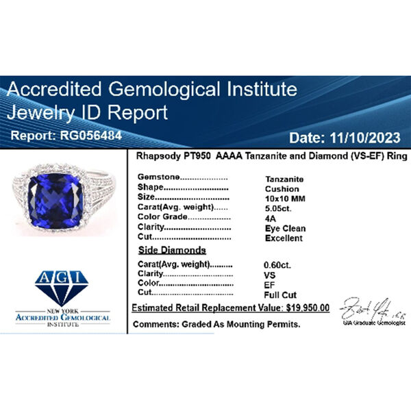 AAAA Tansanit, Wei&szlig;er Diamant Ring 950 Platin (Gr&ouml;&szlig;e 17.00) ca. 5,65 ct image number 9