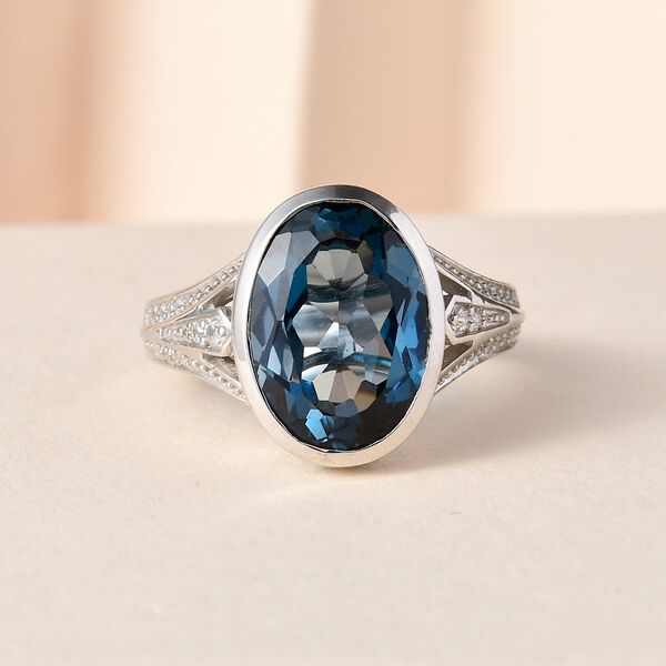 London Blau Topas und wei&szlig;er Zirkon Ring, 925 Silber platiniert (Gr&ouml;&szlig;e 19.00) ca. 8.63 ct image number 2