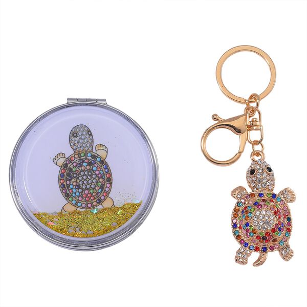 2er Set - Mehrfarbiger Kristall, Schildkr&ouml;te-Set: Schl&uuml;sselanh&auml;nger und Spiegel, emailliert, goldfarben