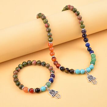 2er Set - Hamsa Hand Anh&auml;nger Set mit Mehrfarbigen und Unakite Edelsteinperlen Chakra Halskette und Armband