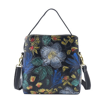 Crossbody Tasche aus 100% echtem Leder, Blumenmuster, Gr&ouml;&szlig;e 22x11x18 cm, Schwarz