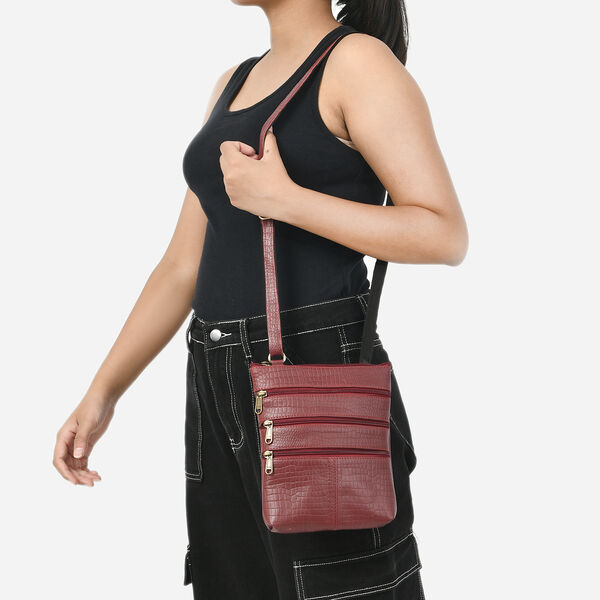 Echtleder Crossbody Tasche mit Kroko Pr&auml;gung, Multi-F&auml;cher, 20 x 24 cm, Kirsch image number 3