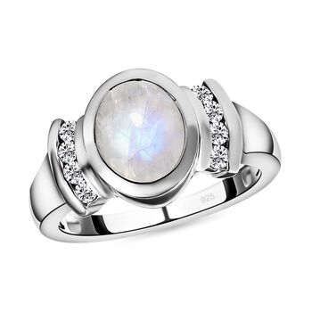 Premium Regenbogen Mondstein und wei&szlig;er Zirkon-Ring, 925 Silber platiniert  ca. 2,00 ct
