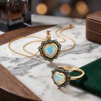 D'Joy &auml;thiopischer Welo Opal und blauer Diamant Ring und Anh&auml;nger mit 50cm Kette