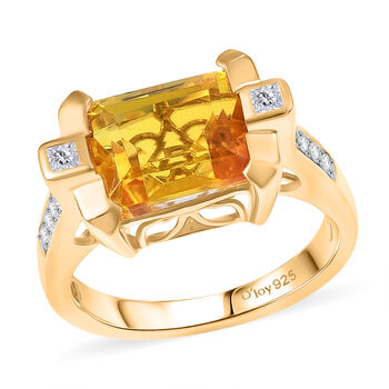 Feuerrahmen-Design - D'Joy Sphaleros Quarz, Wei&szlig;er Zirkon Ring. 925 Silber 750 Gelb Vergoldet (Gr&ouml;&szlig;e 18.00) ca. 4.20 ct