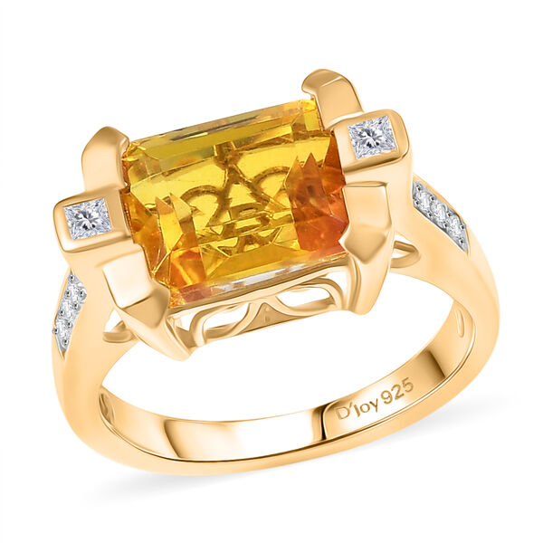 Feuerrahmen-Design - D'Joy Sphaleros Quarz, Wei&szlig;er Zirkon Ring. 925 Silber 750 Gelb Vergoldet (Gr&ouml;&szlig;e 18.00) ca. 4.20 ct image number 4