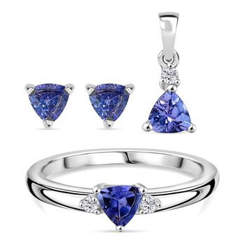 3er Set - D'Joy Tansanit Ohrringe, Ring und Anh&auml;nger, 925 Silber rhodiniert (Gr&ouml;&szlig;e 16.00) ca. 1.15 ct