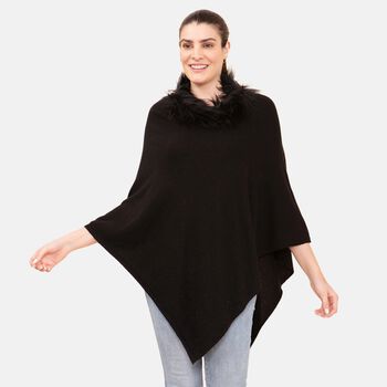 LA MAREY - Kaschmir Poncho mit Kunstfell Bord&uuml;re, Schwarz