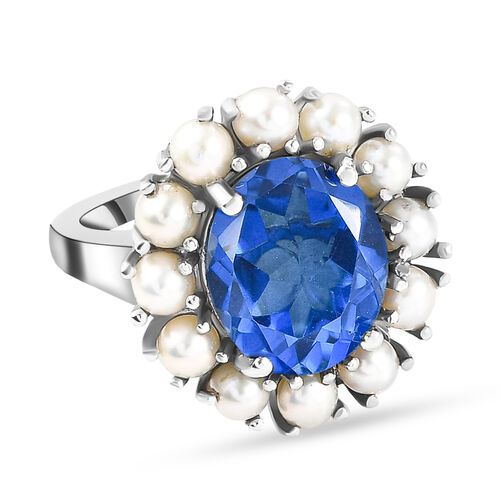 Ceylonfarbener Quarz und Süßwasserperlen-Ring, 925 Silber platiniert - 8,31 ct. image number 0