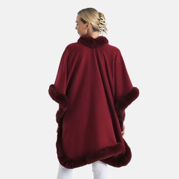 LA MAREY Poncho mit Kunstfellbesatz und Kristall-Detail, Rot, Einheitsgr&ouml;&szlig;e