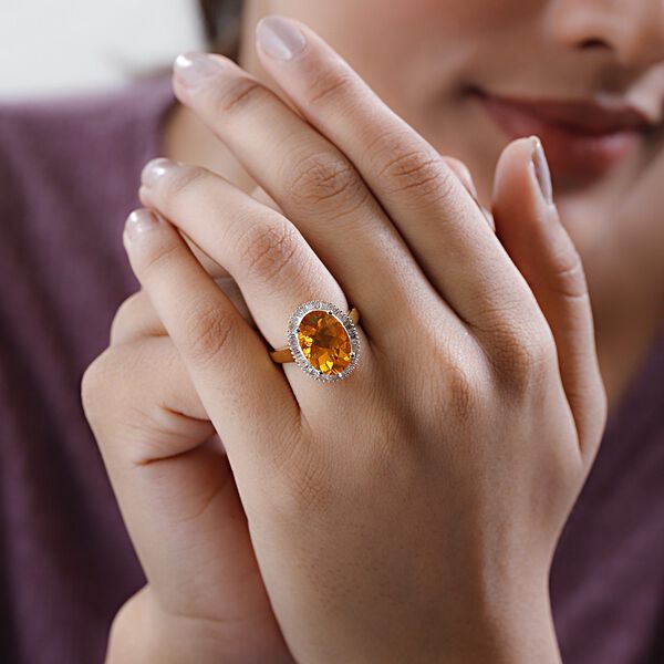 Brasilianischer Feueropal, weißer Diamant Ring, 925 Silber Gelbgold Vermeil, (Größe 17.00) ca. 4.18 ct image number 2