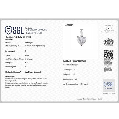 LUXURIANT DIAMOND- SGL zertifizierter VS-EF Labor Herz Diamant Anhänger in 950 Platin - 1 ct. image number 6