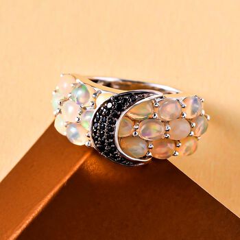 Nat&uuml;rlicher &Auml;thiopischer Opal und schwarzer Spinell Ring 925 Silber platiniert
