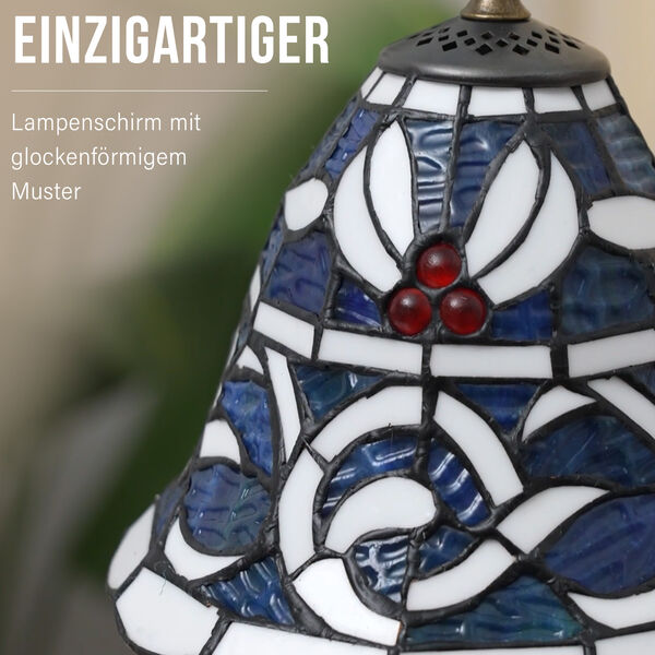 Handgefertige Tiffany-Stil Tischlampe, Buntglas, Glockenform, Blau image number 3
