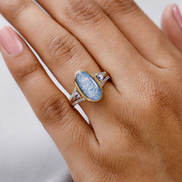 Boulder Opal Triplett und Tansanit Ring 925 Silber Gelbgold Vermeil  ca. 2,47 ct image number 3