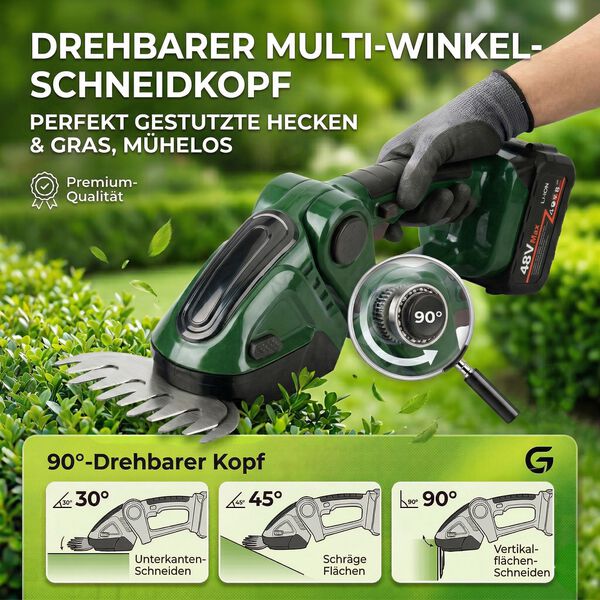 Akku Gras und Strauchschere, 2 in 1 Gartenschneider, 6000 mAh, 390 W, Gr&uuml;n image number 2