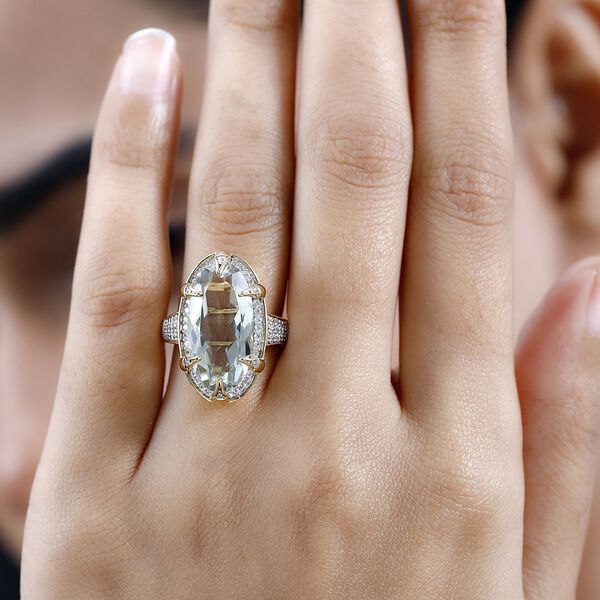 Prasiolith, Wei&szlig;er Zirkon Ring, 925 Silber vergoldet, (Gr&ouml;&szlig;e 17.00), ca. 9.93 ct image number 3