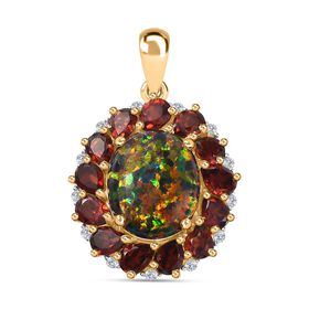Labor erstellt schwarzen Opal, Mosambik Granat Anhänger 925 Silber Gelbgold Vermeil ca. 4.72 ct