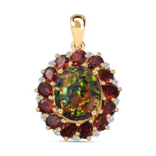 Labor erstellt schwarzen Opal, Mosambik Granat Anhänger 925 Silber Gelbgold Vermeil ca. 4.72 ct image number 0