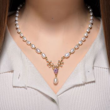 Wei&szlig;e S&uuml;&szlig;wasser Perle, Rosa Zirkonia Halskette ca. 50cm + 2.5cm extender, Nickelfreies Messing gelb vergoldet