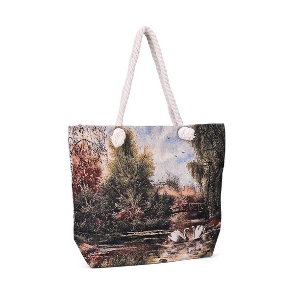 Gewebte Jute-Tasche mit Blumen, Schwanenmuster image number 7