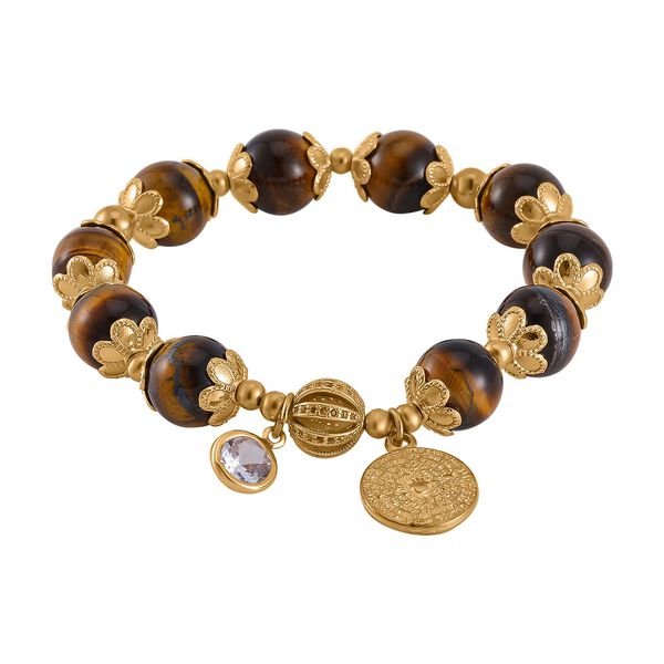 Gelbes Tigerauge, Weißer Kristall flexibles Charm-Armband, vergoldet image number 3