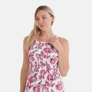 Schulterfreies, gesmoktes Kleid mit rosa Blumenmuster und G&uuml;rtel