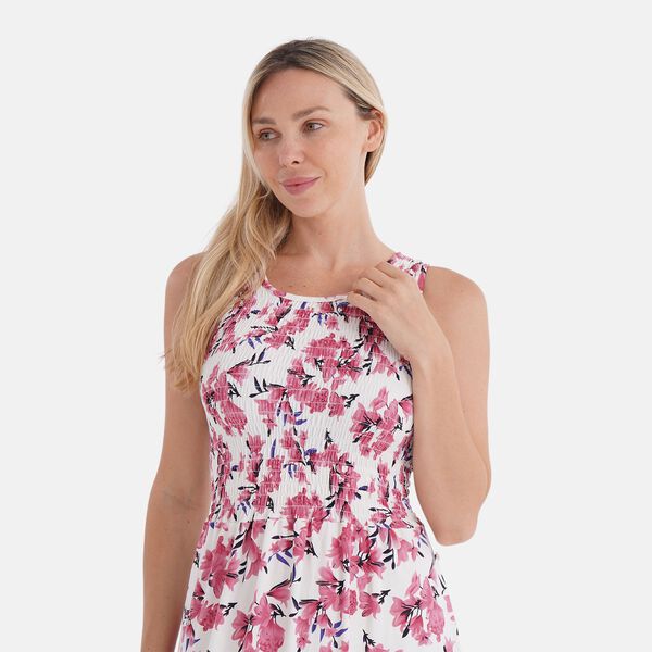 Schulterfreies, gesmoktes Kleid mit rosa Blumenmuster und Gürtel image number 4