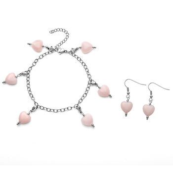 2er - Set Rosenquarz-Ohrringe und Armband, ca. 19 cm, 316L Edelstahl ca. 52.50 ct