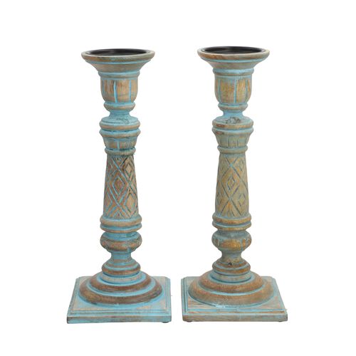 Set aus 2 antiken geschnitzten Holzkerzenhaltern mit quadratischem Ständer, 38cm, Altblau image number 0