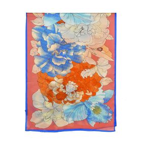 LA MAREY - Seidenschal aus 100% Maulbeerseide, blau-orangene Blumenmuster
