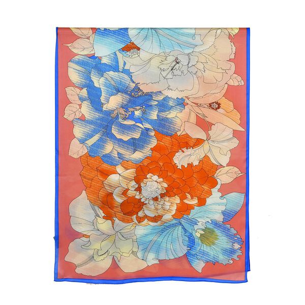 LA MAREY - Seidenschal aus 100% Maulbeerseide, blau-orangene Blumenmuster image number 2