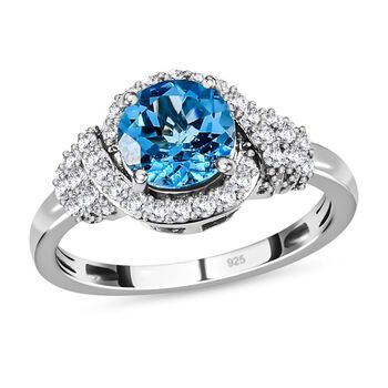 Schweizer Blautopas, Wei&szlig;er Zirkon Ringe 925 Silber platiniert (Gr&ouml;&szlig;e 18.00) ca. 1.89 ct