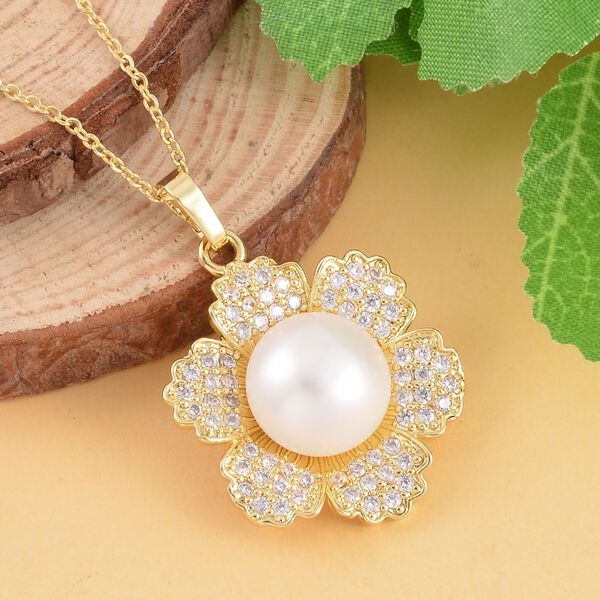 Weiße Süßwasser Perle, Weißer Zirkonia Anhänger mit Kette, Reines Messing image number 1