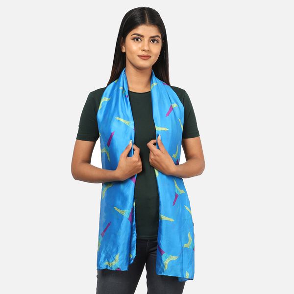 100 % natürlicher Satin Seiden Schal, 165x50 cm, Eiffelturm Muster, Blau image number 2