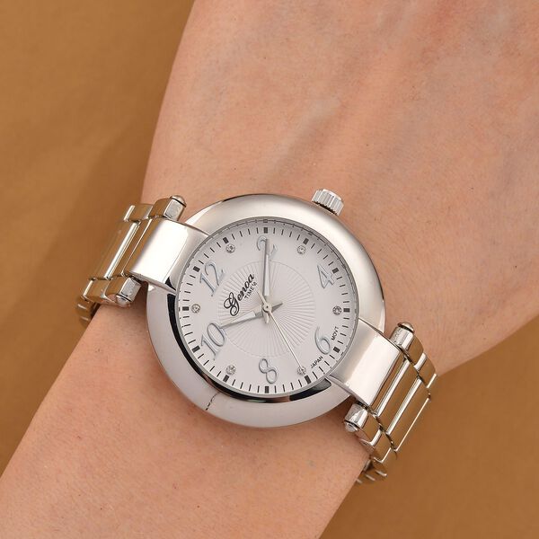 GENOA TIME V2 Uhr mit Japanischem Miyota 2035 Werk, Zifferblatt Silber mit Hydraulik-Design und Weißen Kristallen, Edelstahlarmband Silberfarben, 3 ATM wasserdicht image number 1