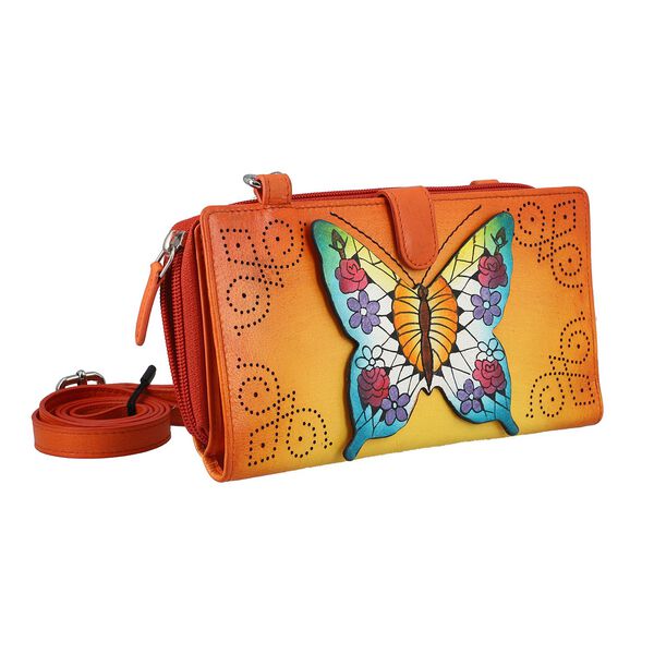SUKRITI- Handbemalte Brieftasche aus Echtleder mit verstellbarem Schulterriemen und Schlüsselanhänger, Orange image number 5