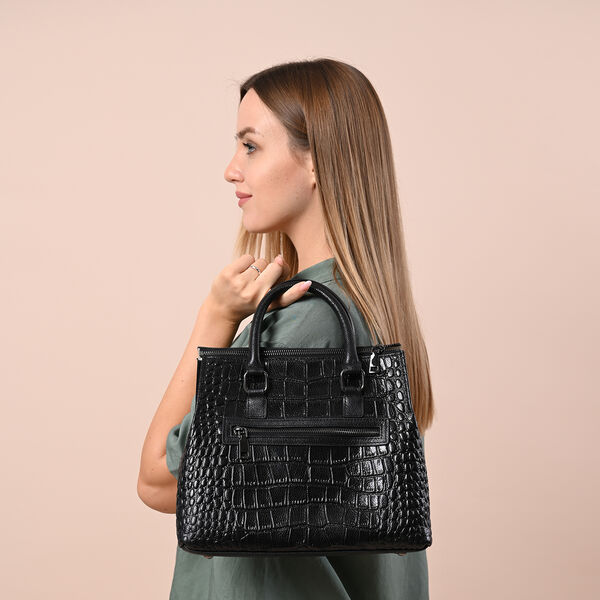 Schultertasche aus 100% echtem Leder mit Kroko-Pr&auml;gung und abnehmbarem Riemen, Schwarz&nbsp; image number 3